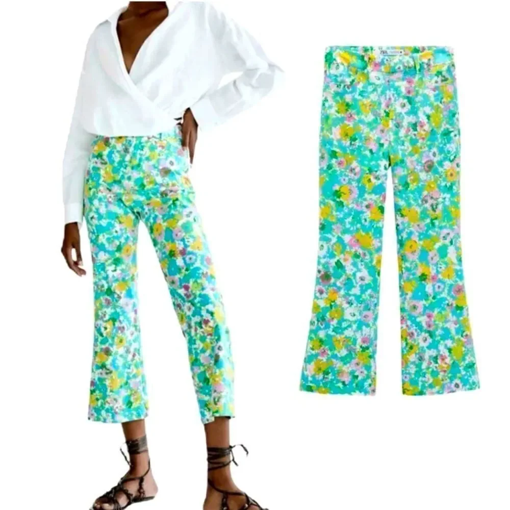 Zara Colorful Floral Retro Inspired Linen Blend High Rise Cropped Ankle Pants